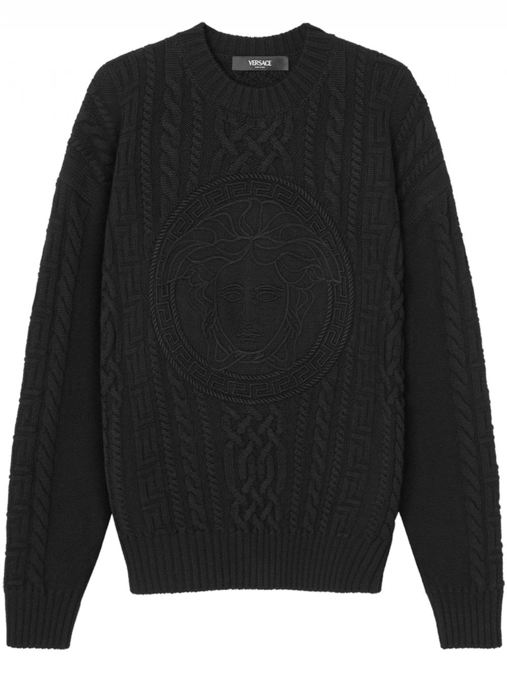 Versace Black Cable-Knit wool Medusa Embossed Crewneck Sweater